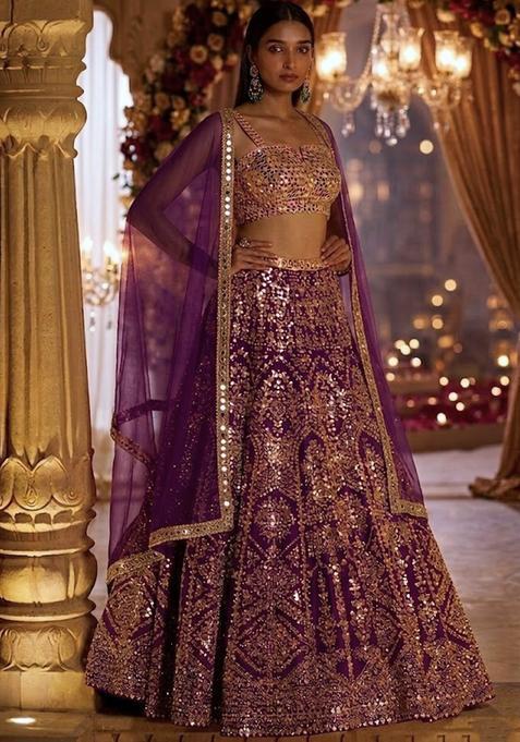 Purple Embroidered Bridal Lehenga Set — view on Indya