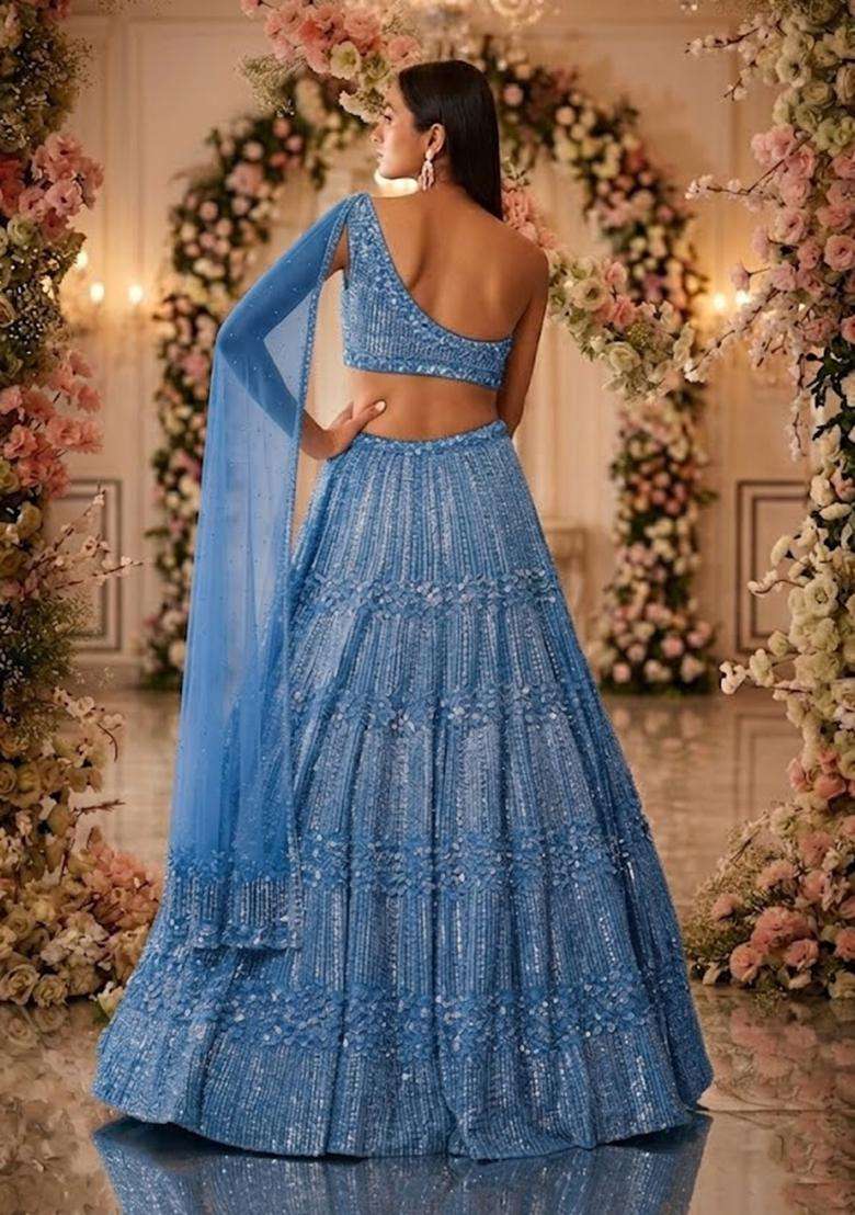 Powder Blue Sequin Bridal Lehenga Set - Indya