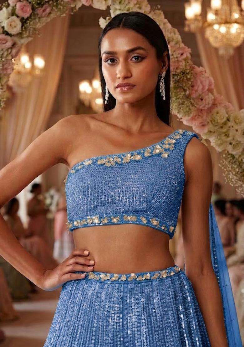 Powder Blue Sequin Bridal Lehenga Set - Indya