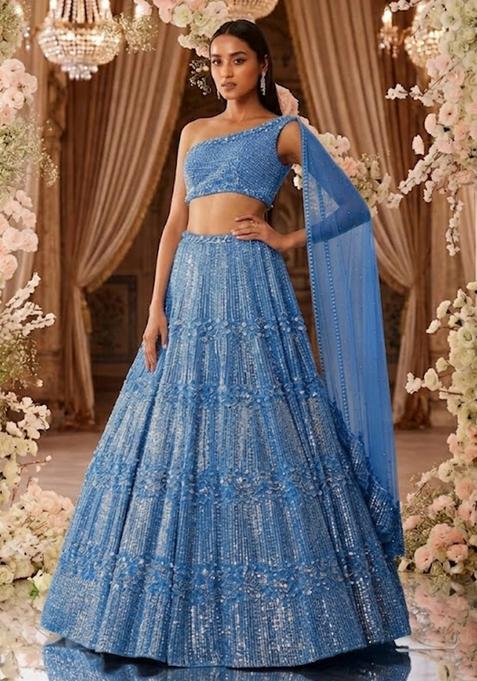 Powder Blue Sequin Bridal Lehenga Set — view on Indya