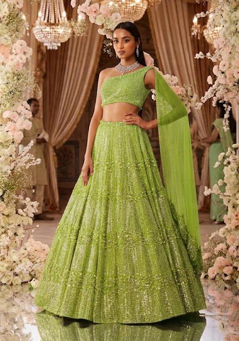 Light Green Sequin Bridal Lehenga Set — view on Indya