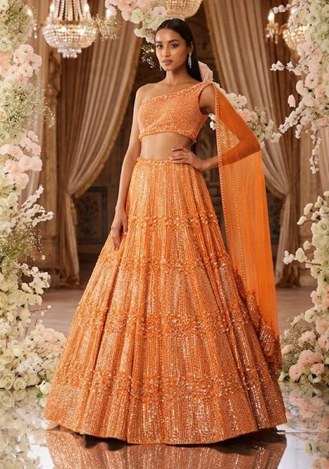 Orange Sequin Bridal Lehenga Set — view on Indya