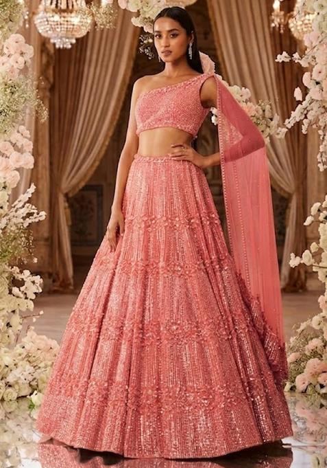 Rose Pink Sequin Bridal Lehenga Set — view on Indya
