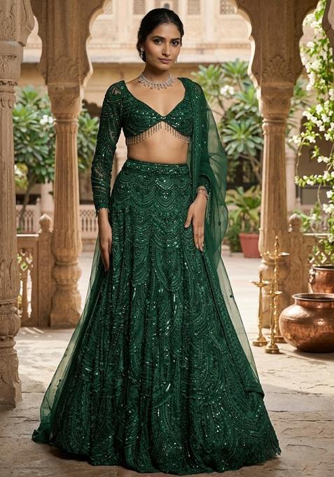 Emerald Green Embroidered Bridal Lehenga Set — view on Indya