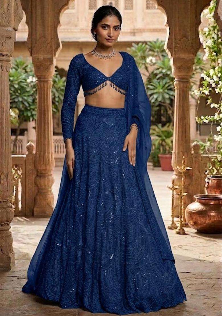 Navy Blue  Embroidered Bridal Lehenga Set - Indya