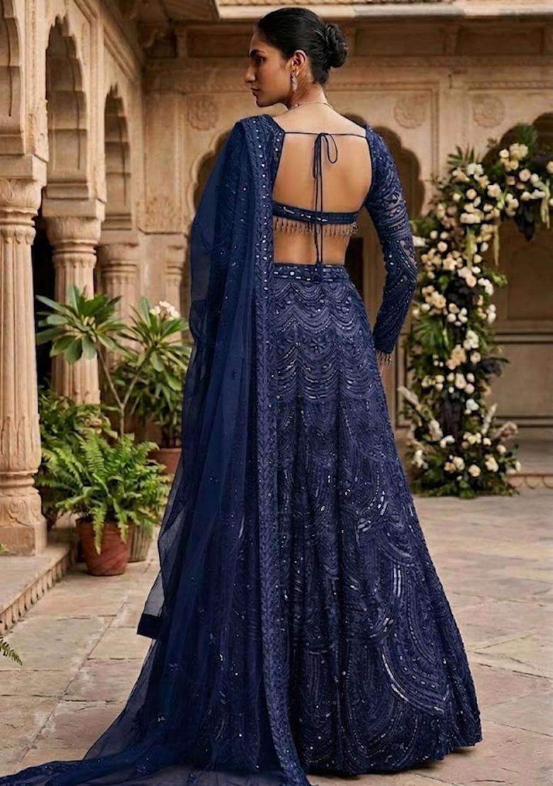 Navy Blue  Embroidered Bridal Lehenga Set - Indya