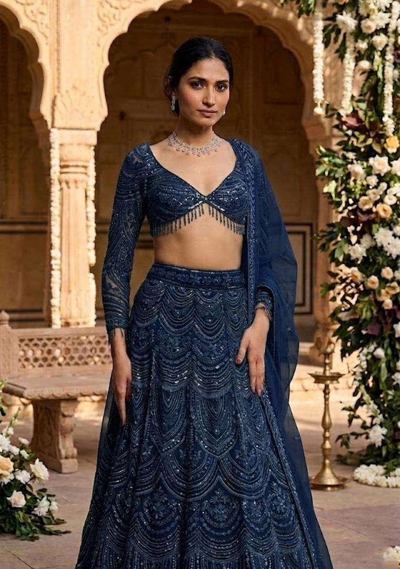 Navy Blue  Embroidered Bridal Lehenga Set - Indya