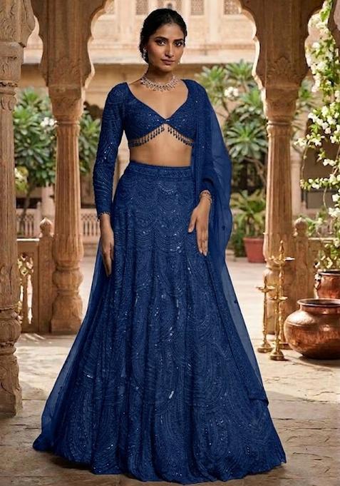 Navy Blue Embroidered Bridal Lehenga Set — view on Indya