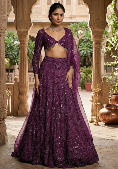 Deep Purple Embroidered Bridal Lehenga Set — view on Indya