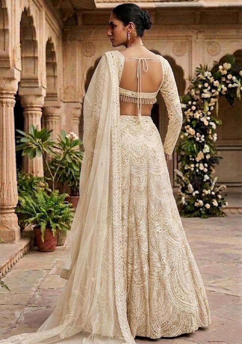 White  Embroidered Bridal Lehenga Set - Indya