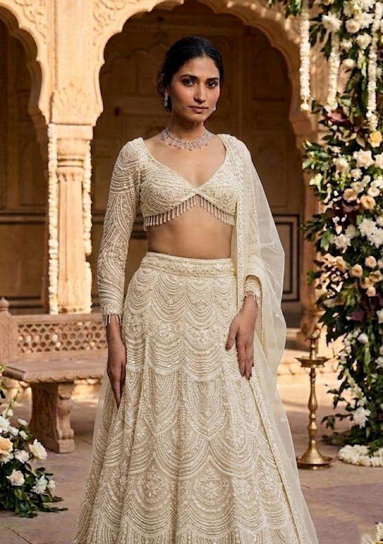 White  Embroidered Bridal Lehenga Set - Indya