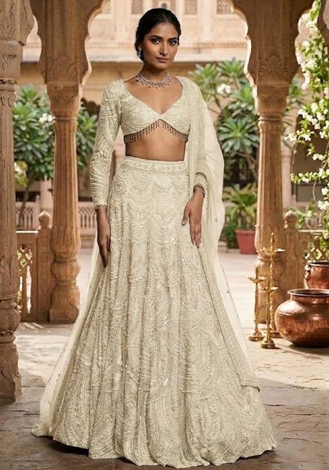 White Embroidered Bridal Lehenga Set — view on Indya