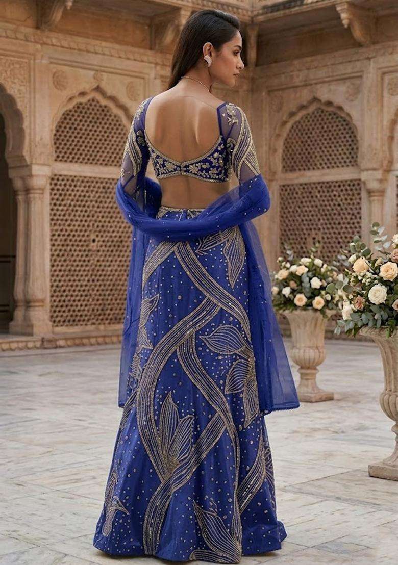 Royal Blue Embroidered Bridal Lehenga Set - Indya