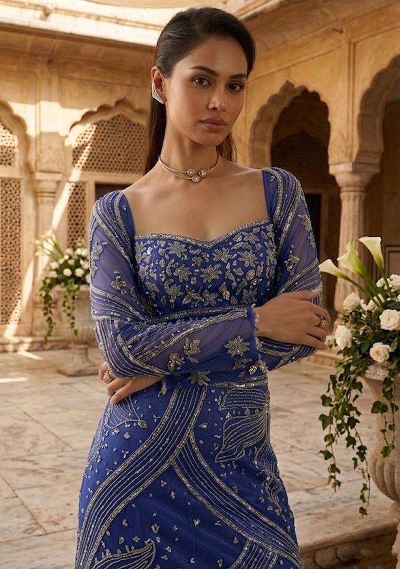 Royal Blue Embroidered Bridal Lehenga Set - Indya