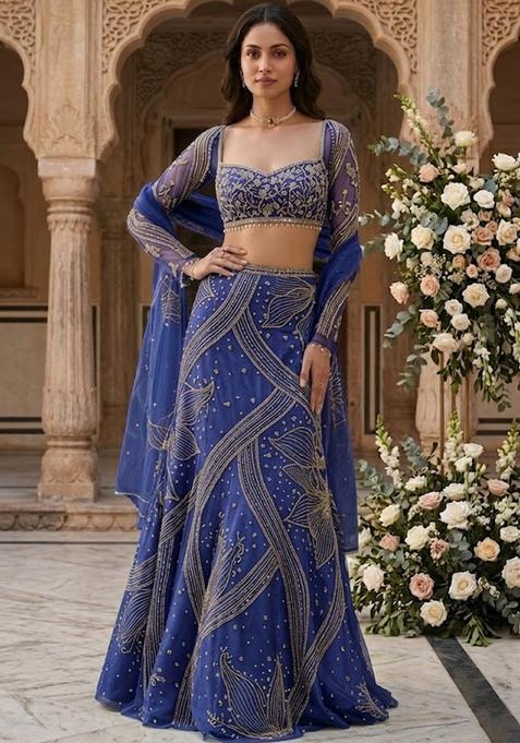 Royal Blue Embroidered Bridal Lehenga Set — view on Indya