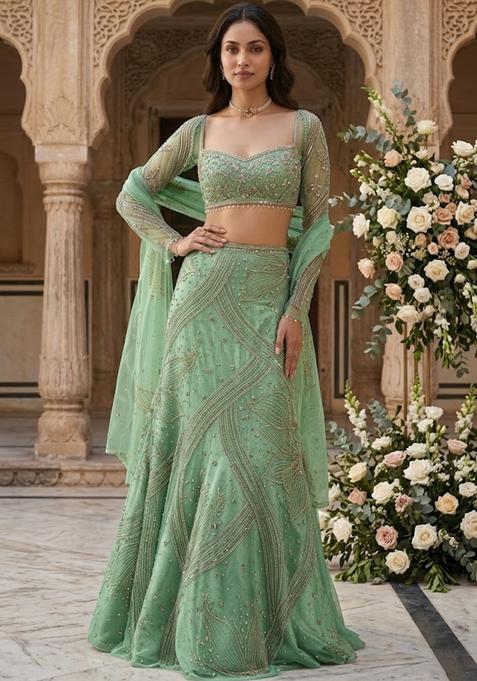 Green Embroidered Bridal Lehenga Set — view on Indya