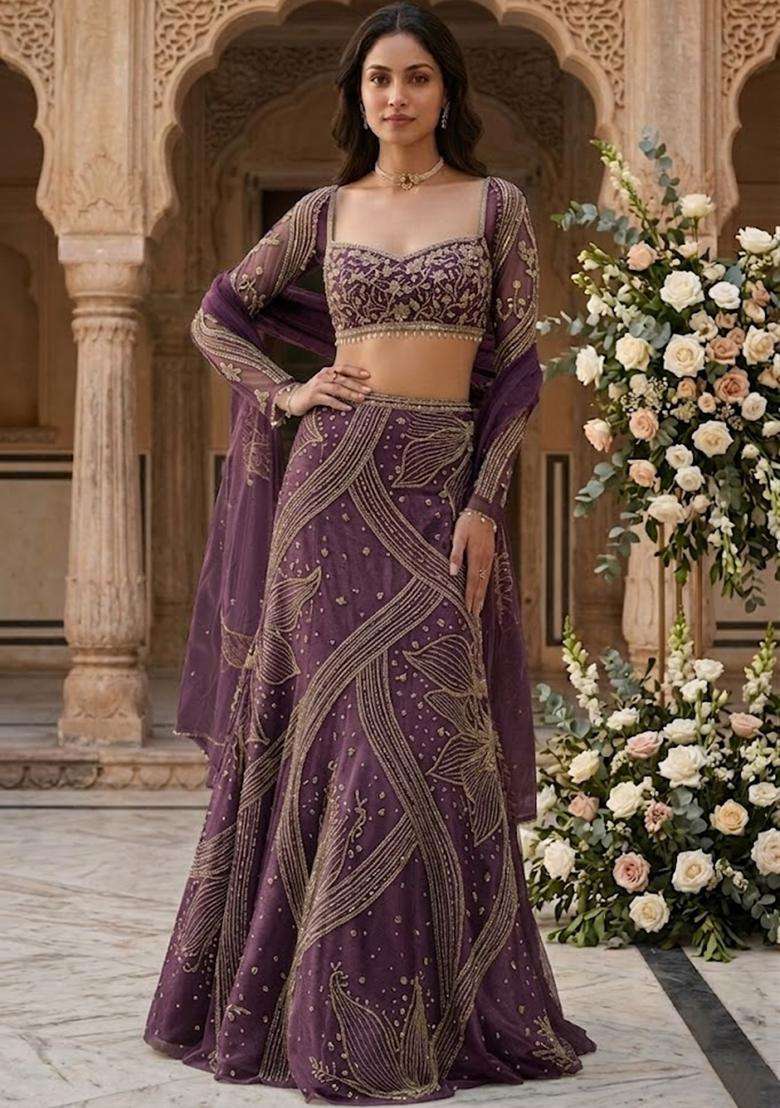 Purple Embroidered Bridal Lehenga Set - Indya