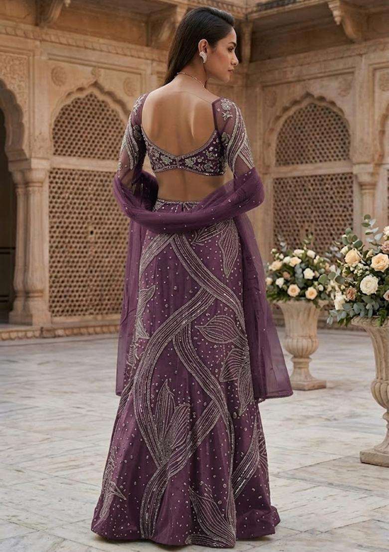 Purple Embroidered Bridal Lehenga Set - Indya