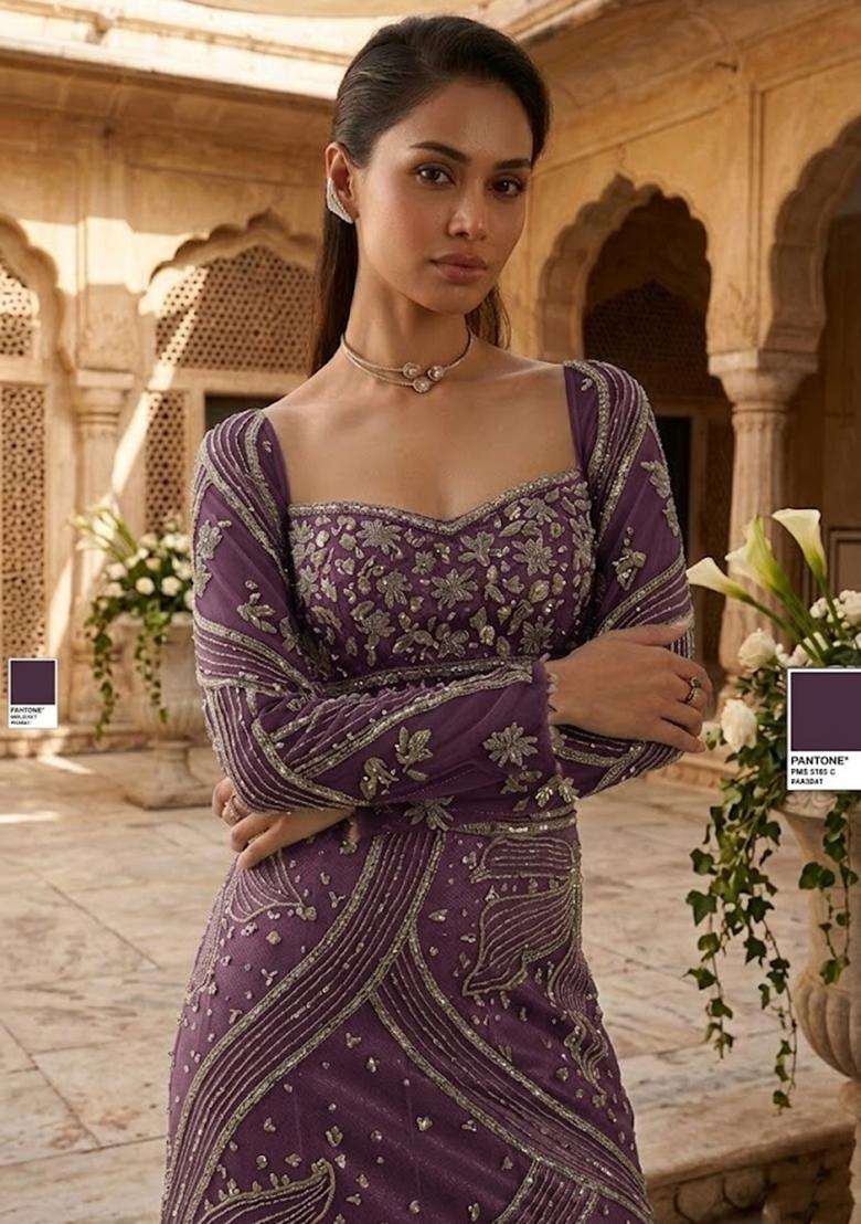 Purple Embroidered Bridal Lehenga Set - Indya