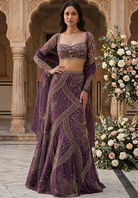 Purple Embroidered Bridal Lehenga Set — view on Indya