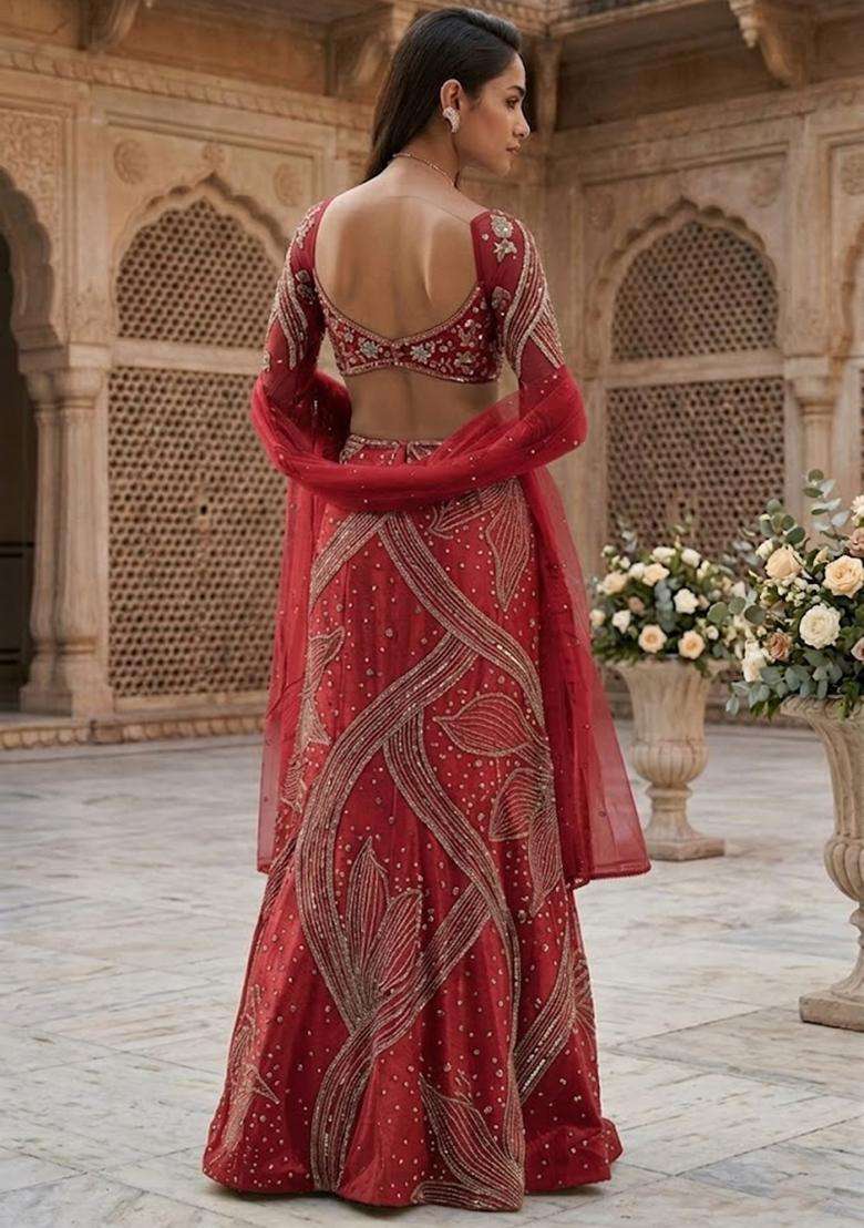 Red Embroidered Bridal Lehenga Set - Indya