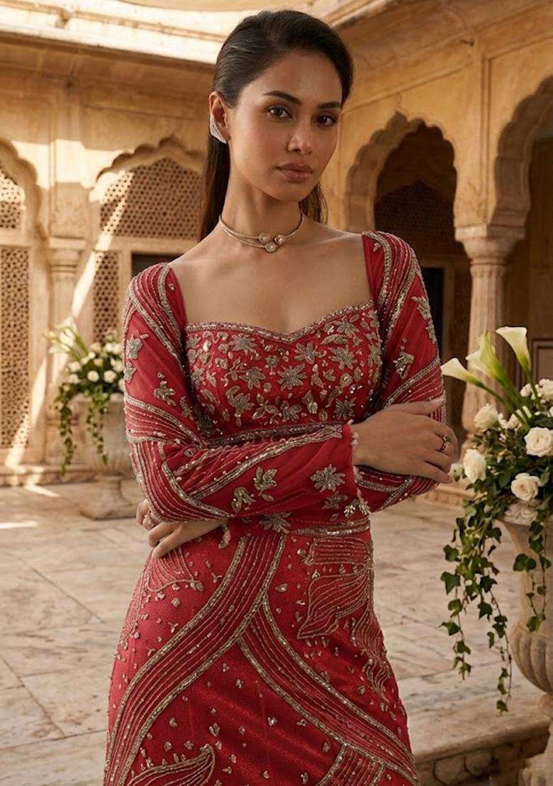 Red Embroidered Bridal Lehenga Set - Indya