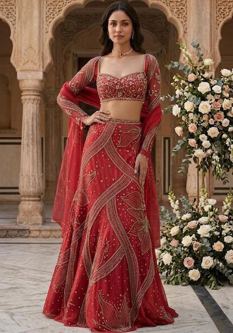 Red Embroidered Bridal Lehenga Set — view on Indya