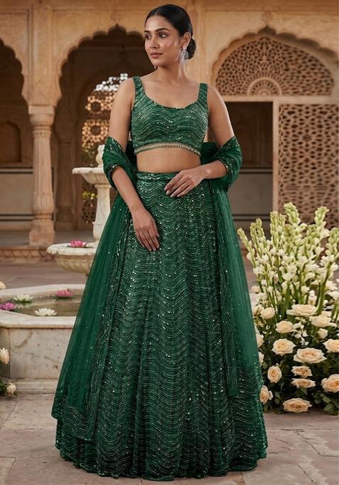Bottle Green Sequin Bridal Lehenga Set — view on Indya