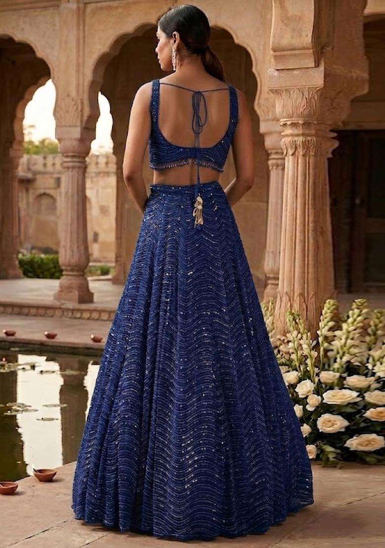Blue Sequin Bridal Lehenga Set - Indya