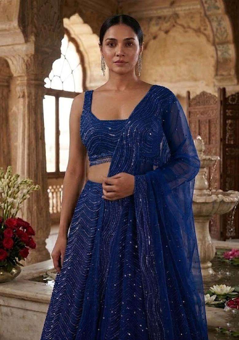 Blue Sequin Bridal Lehenga Set - Indya
