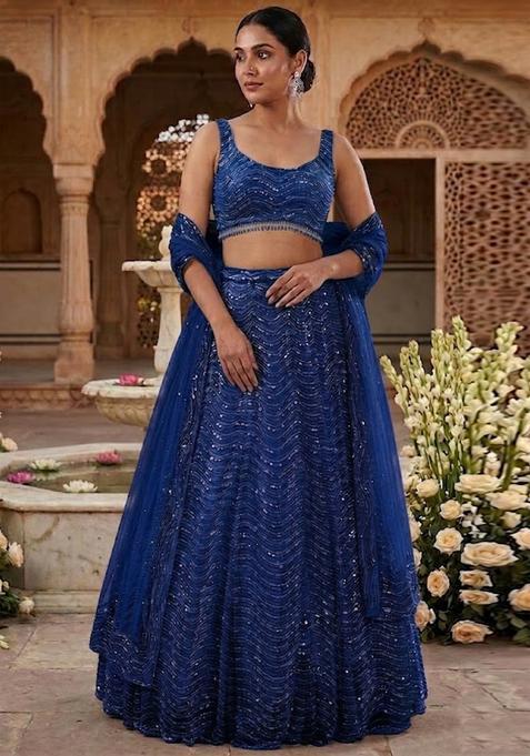 Blue Sequin Bridal Lehenga Set — view on Indya