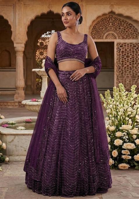 Purple Sequin Bridal Lehenga Set — view on Indya