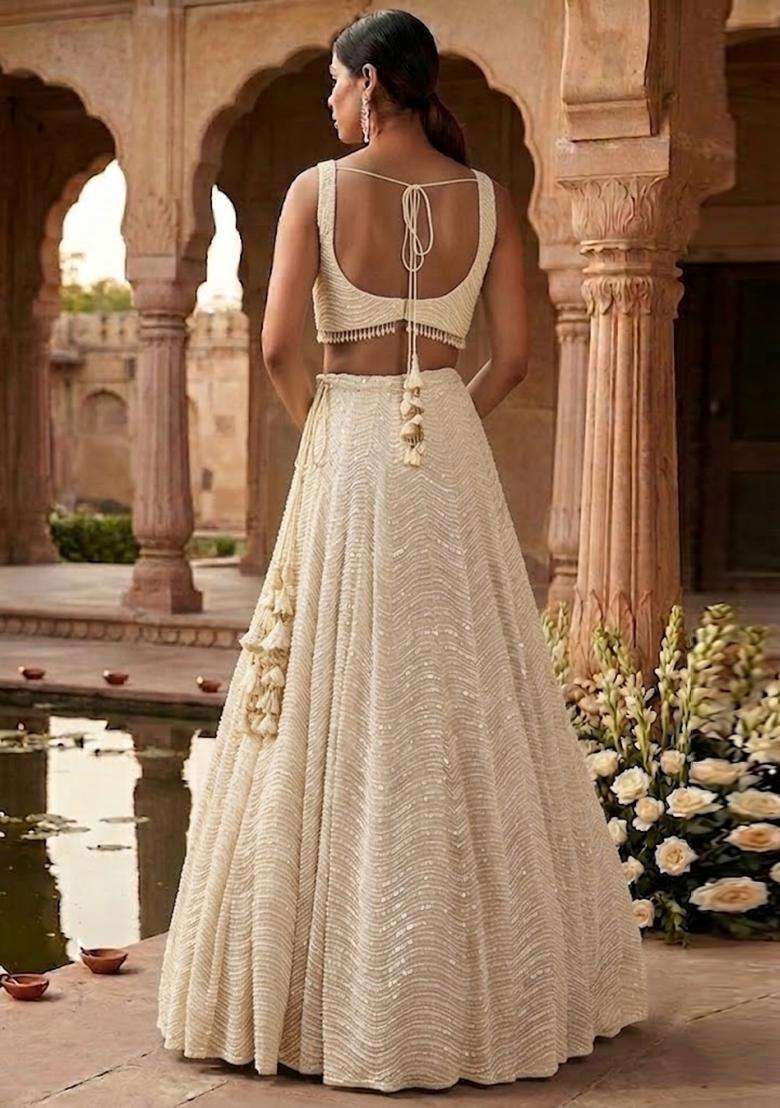 Beige Sequin Bridal Lehenga Set - Indya
