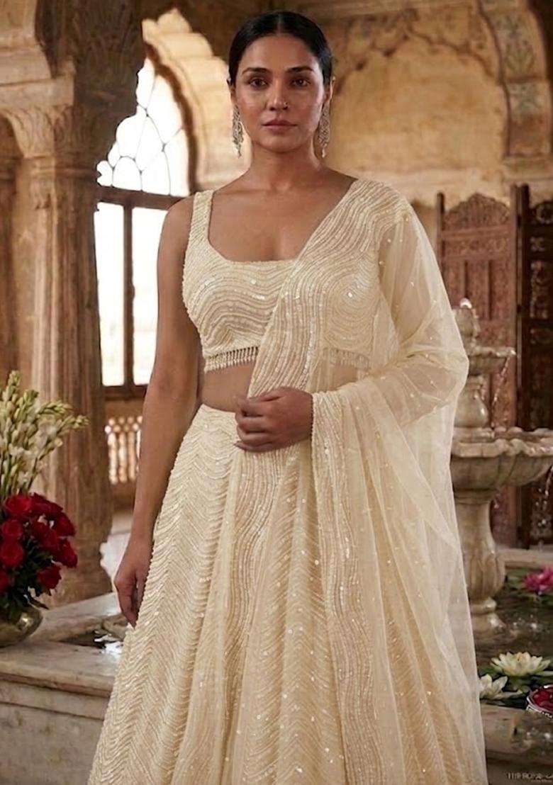 Beige Sequin Bridal Lehenga Set - Indya