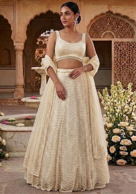 Beige Sequin Bridal Lehenga Set — view on Indya