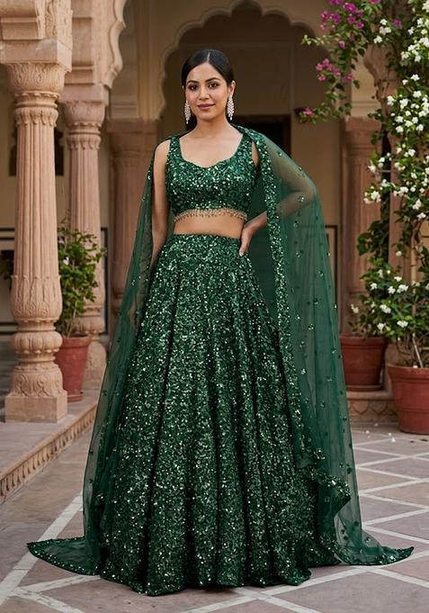 Bottle Green Sequin Bridal Lehenga Set — view on Indya