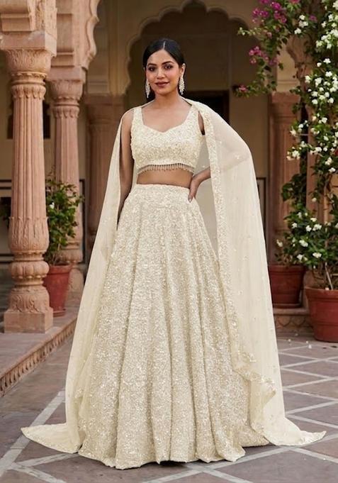 White Sequin Bridal Lehenga Set — view on Indya