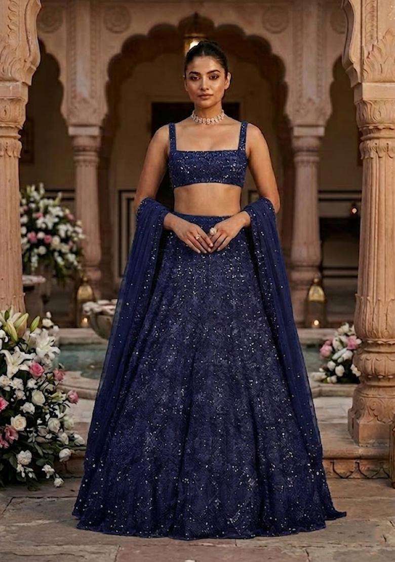 Navy Blue Embroidered Bridal Lehenga Set - Indya