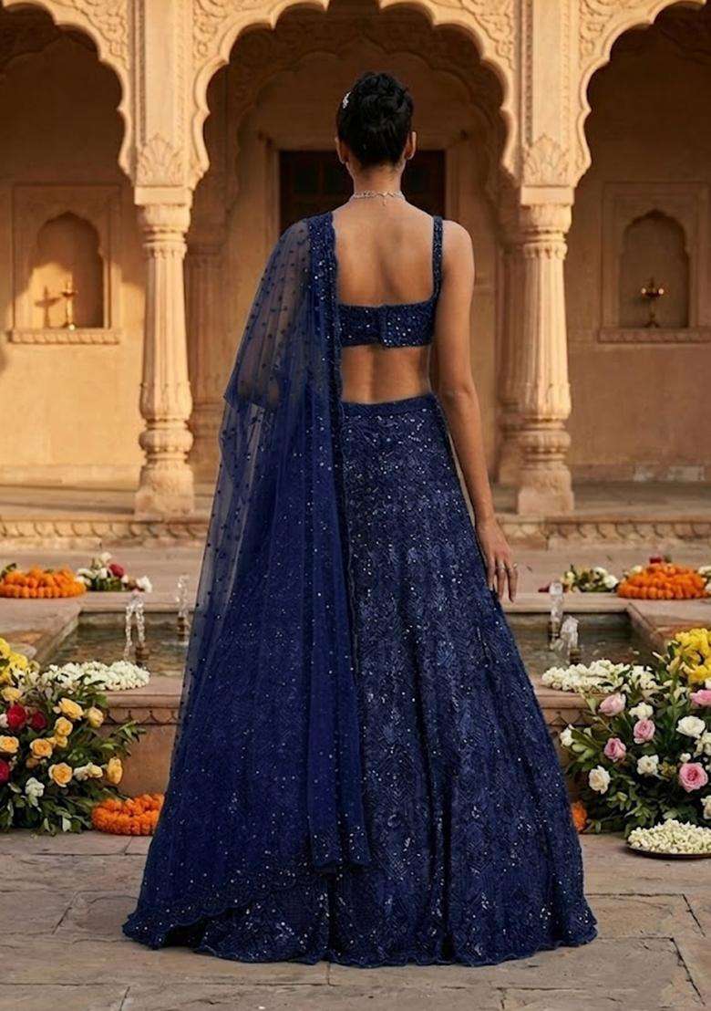 Navy Blue Embroidered Bridal Lehenga Set - Indya
