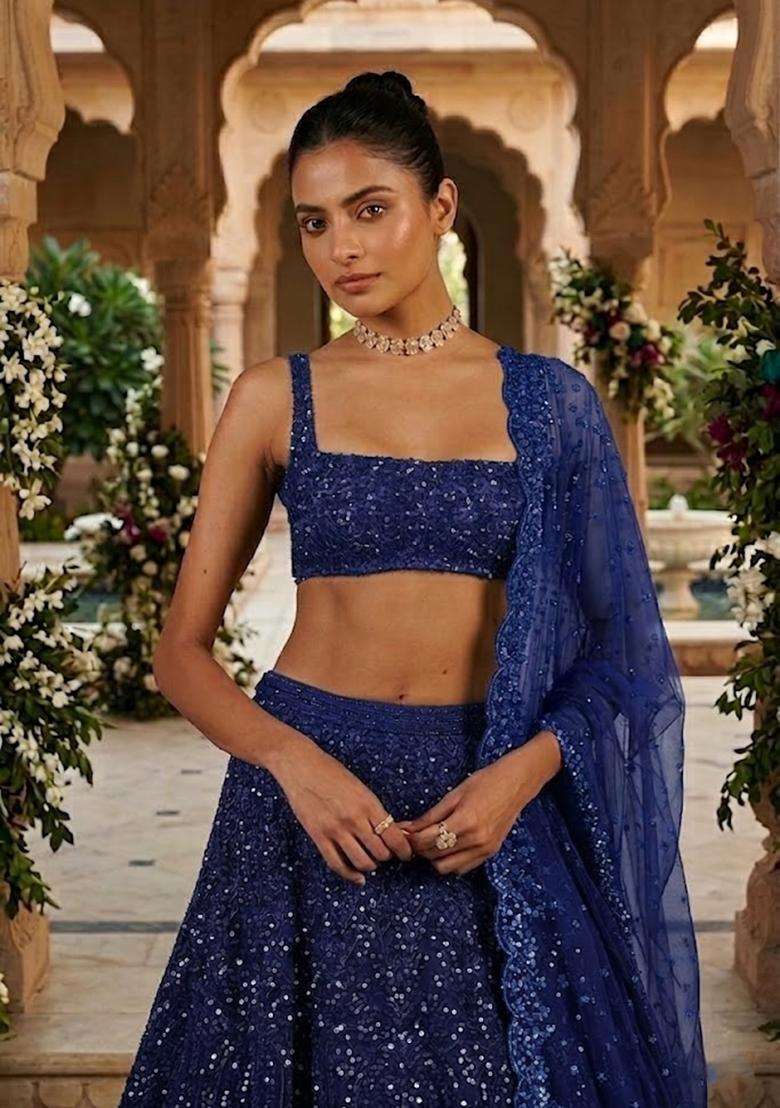 Navy Blue Embroidered Bridal Lehenga Set - Indya