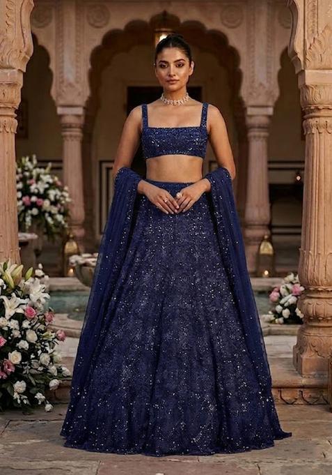 Navy Blue Embroidered Bridal Lehenga Set — view on Indya