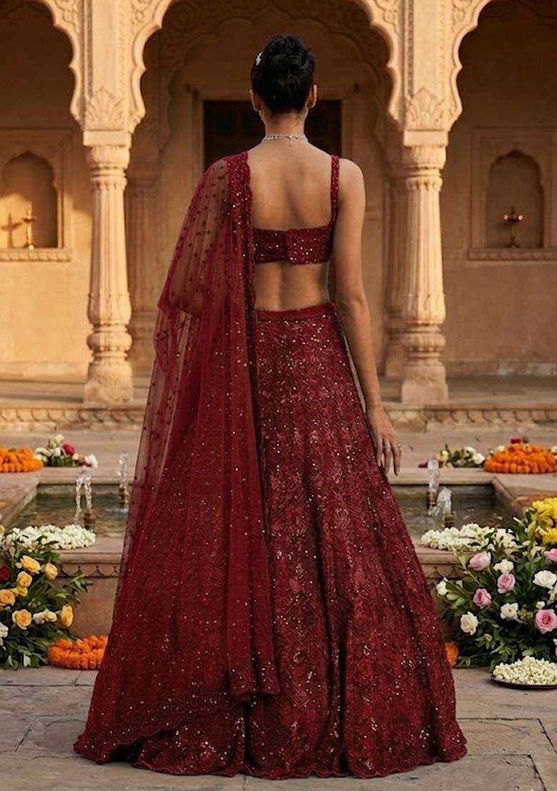 Maroon  Embroidered Bridal Lehenga Set - Indya
