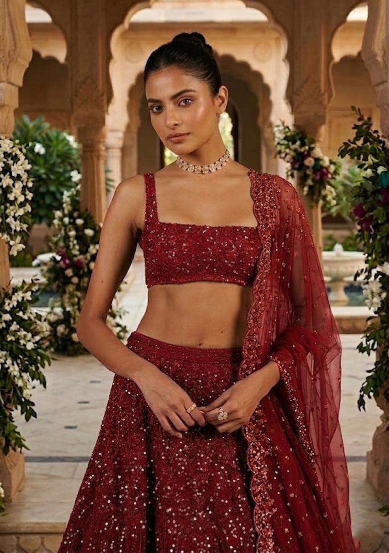 Maroon  Embroidered Bridal Lehenga Set - Indya