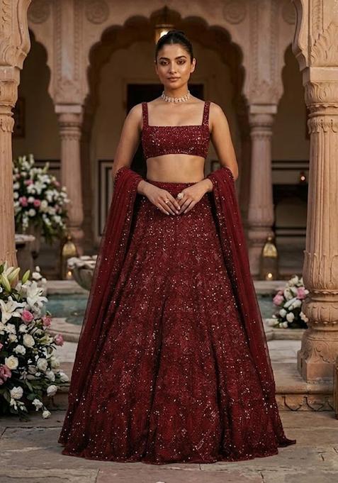 Maroon Embroidered Bridal Lehenga Set — view on Indya
