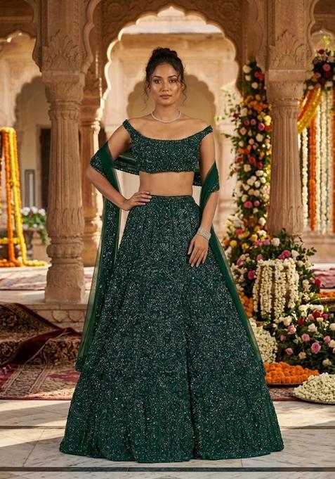 Emerald Green Sequin Bridal Lehenga Set — view on Indya