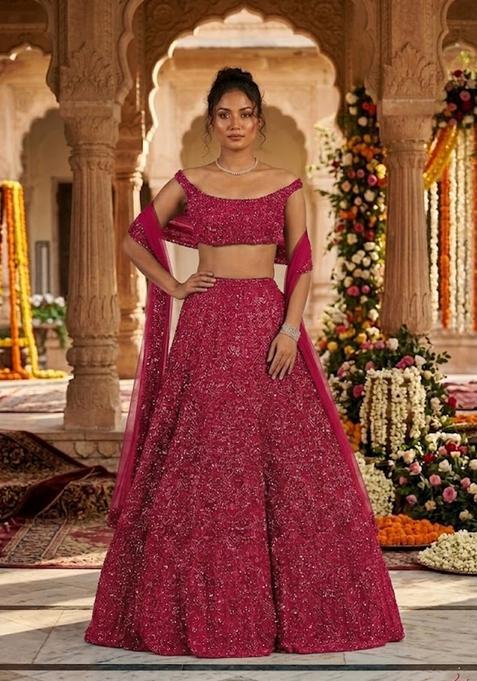 Magenta Sequin Bridal Lehenga Set — view on Indya