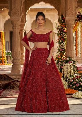 Deep Red Sequin Bridal Lehenga Set
