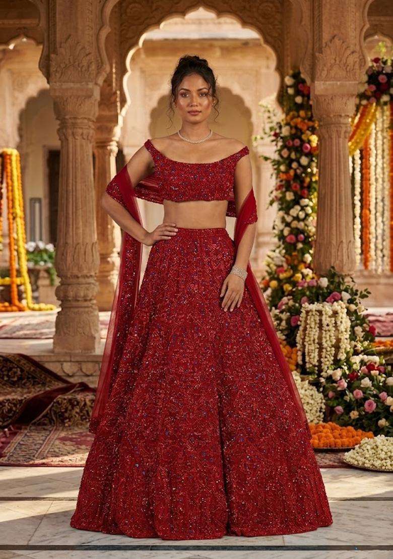 Deep Red Sequin Bridal Lehenga Set - Indya
