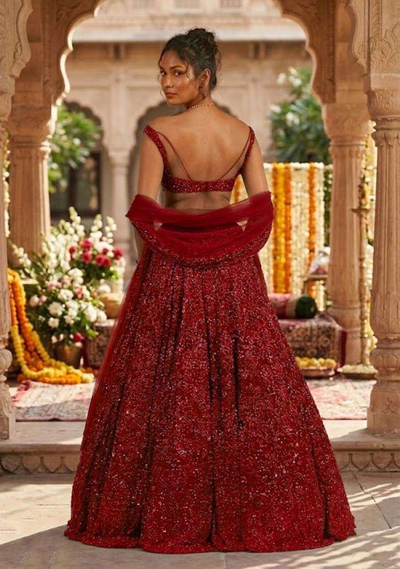 Deep Red Sequin Bridal Lehenga Set - Indya
