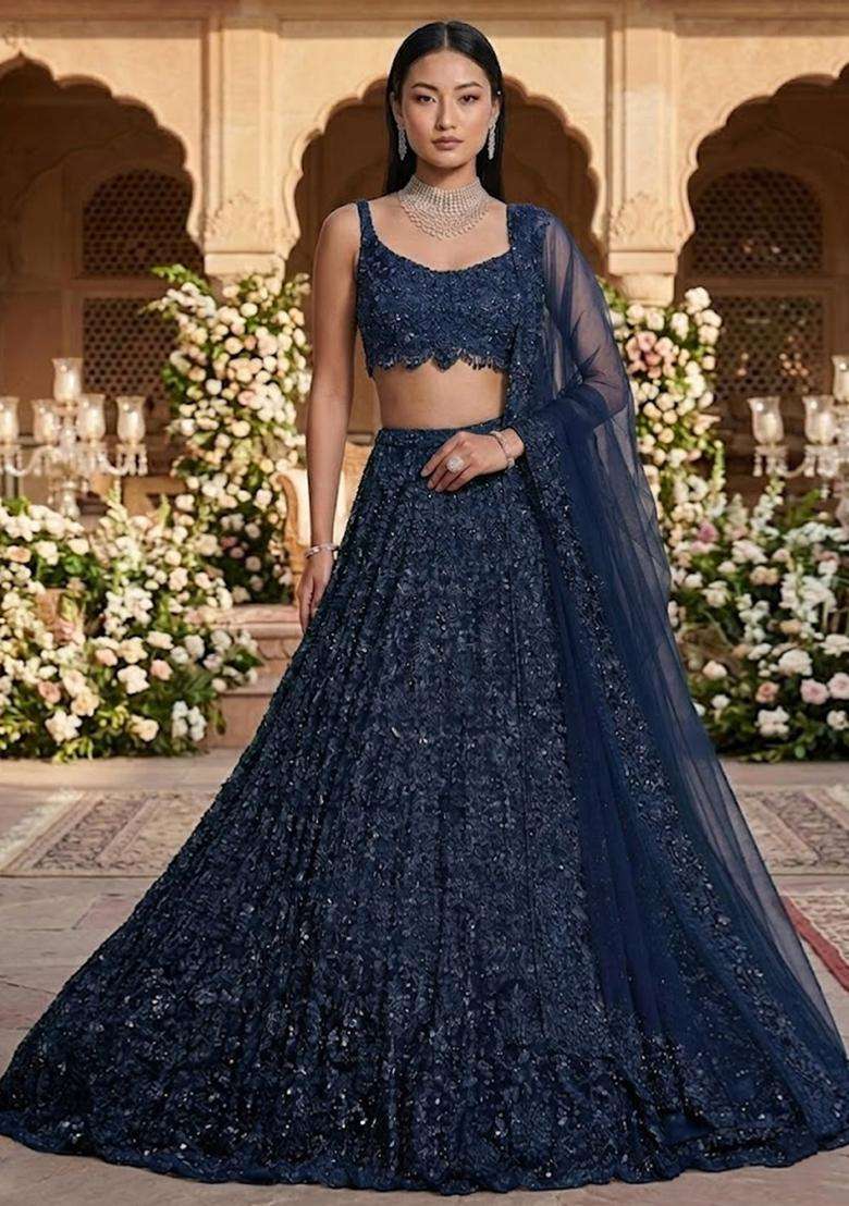 Navy Blue Embroidered Bridal Lehenga Set - Indya